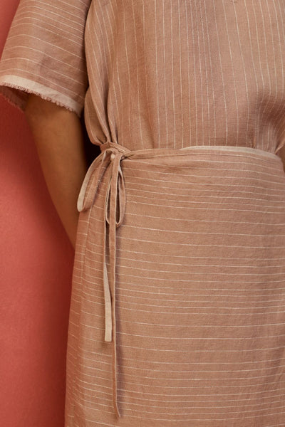 Karo Stripe Linen Wrap Dress - Dusty Rose