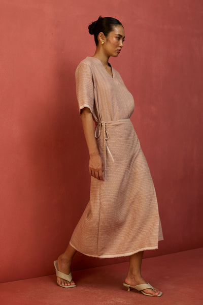 Karo Stripe Linen Wrap Dress - Dusty Rose