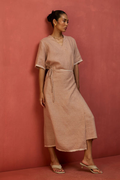 Karo Stripe Linen Wrap Dress - Dusty Rose