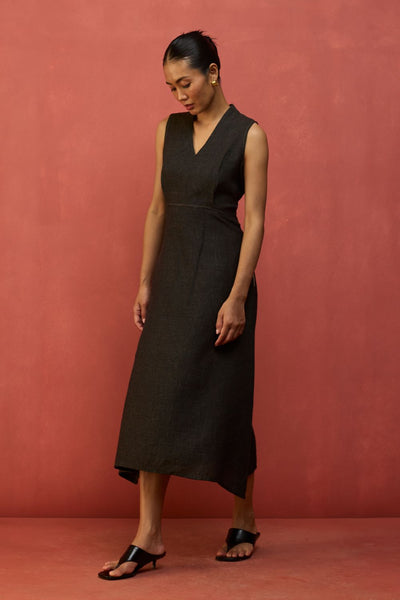 Tako Sleeveless Linen Knot Dress - Charcoal