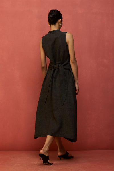 Tako Sleeveless Linen Knot Dress - Charcoal