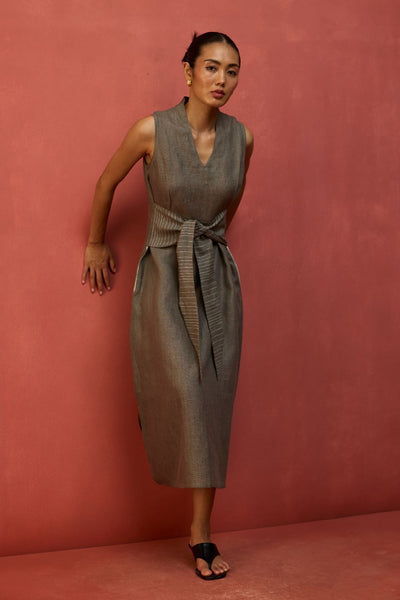 Tako Sleeveless Linen Knot Dress - Grey