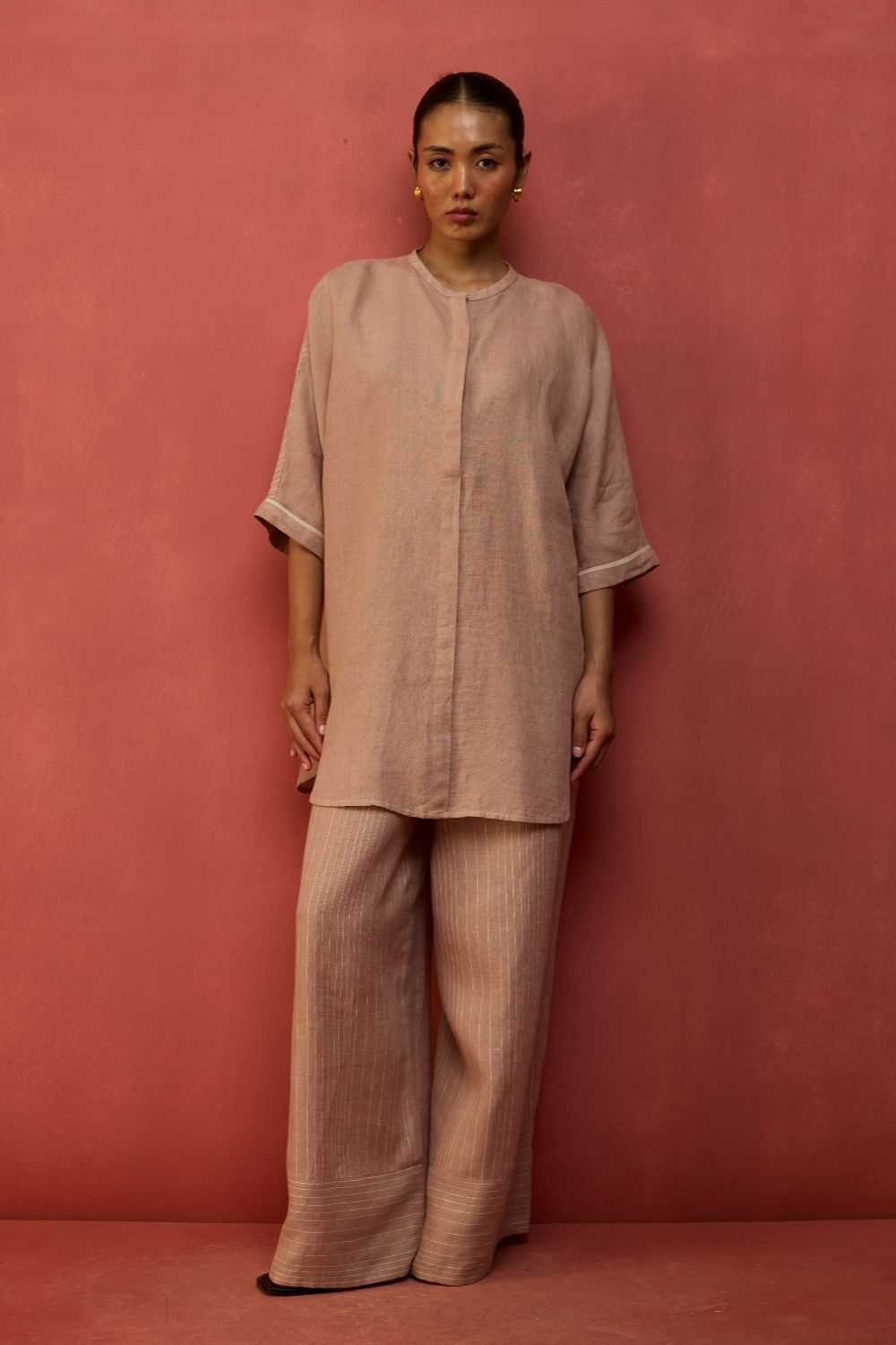 Sumire Curved Hem Linen Top - Dusty Rose