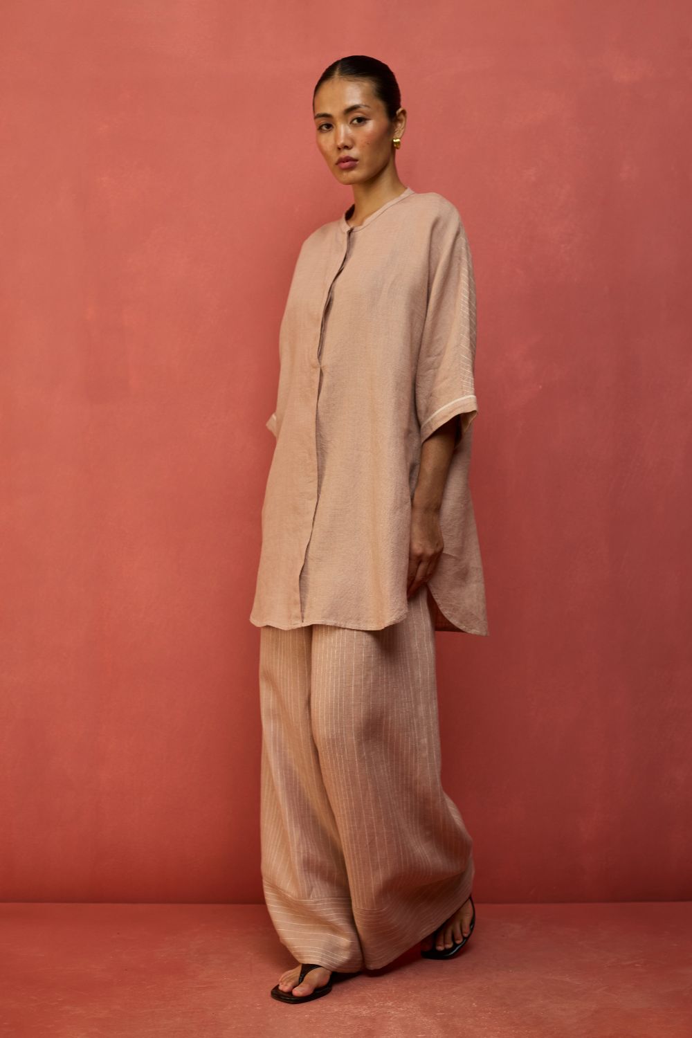 Sumire Curved Hem Linen Top - Dusty Rose