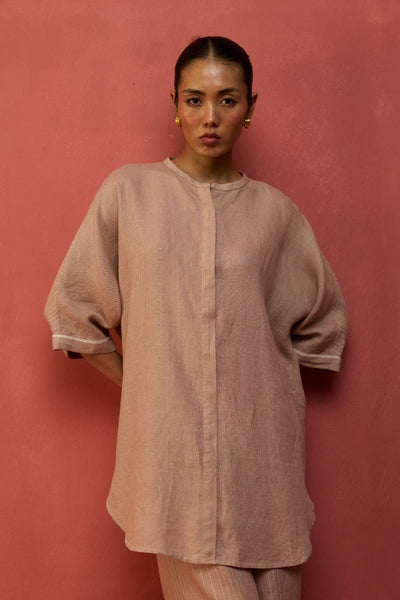 Sumire Curved Hem Linen Top - Dusty Rose