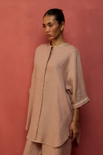 Sumire Curved Hem Linen Top - Dusty Rose
