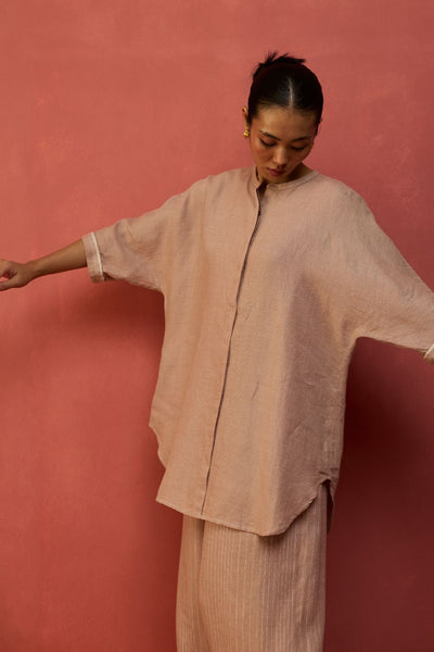 Sumire Curved Hem Linen Top - Dusty Rose