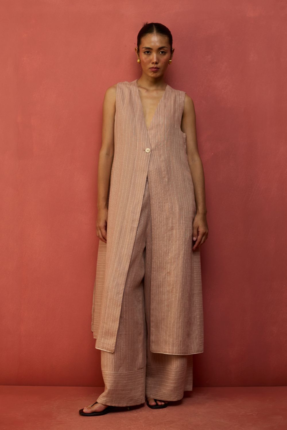 Misato Strip Linen Overlay - Dusty Rose