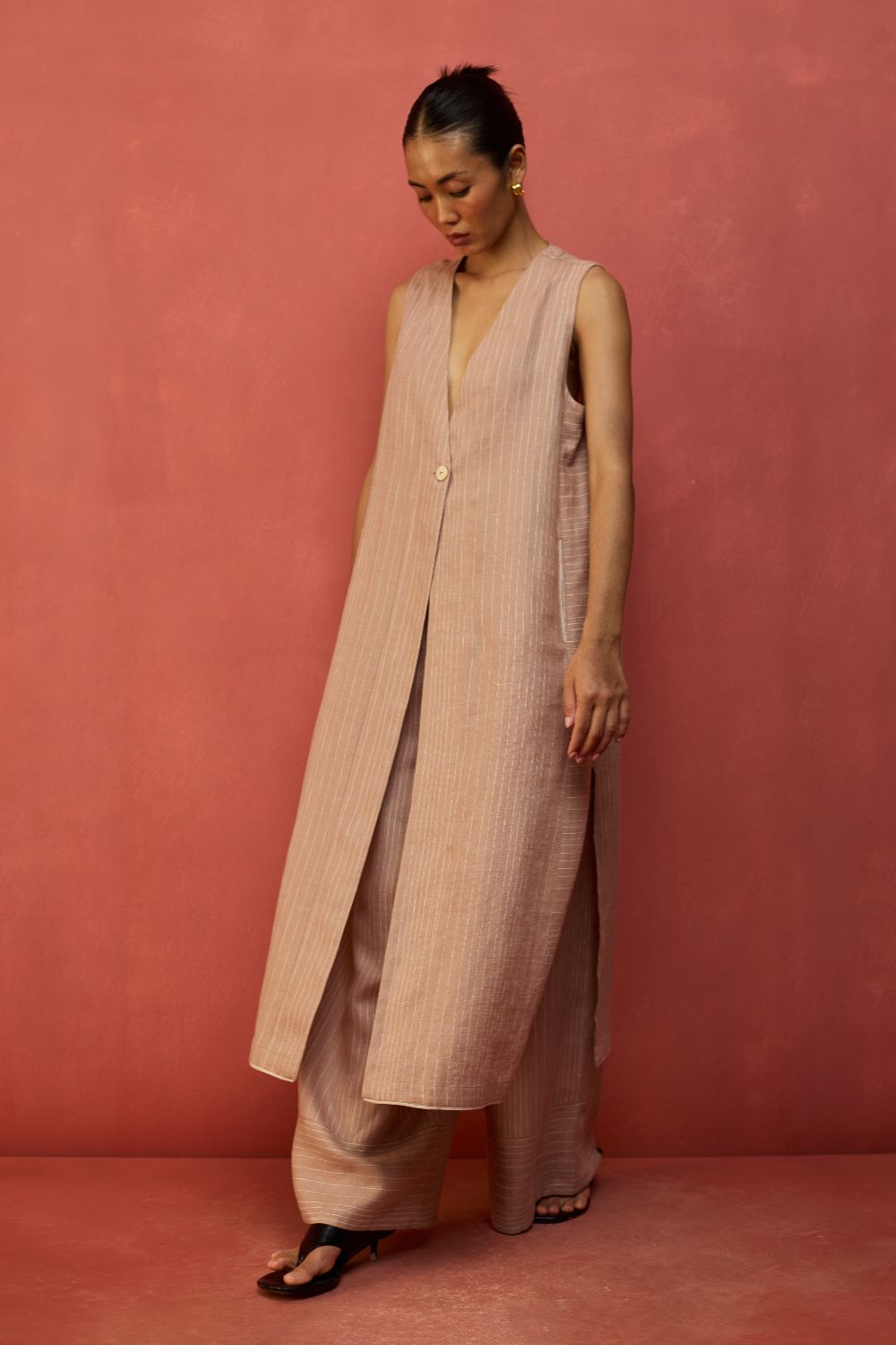 Misato Strip Linen Overlay - Dusty Rose