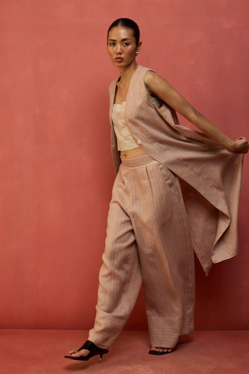 Misato Strip Linen Overlay - Dusty Rose