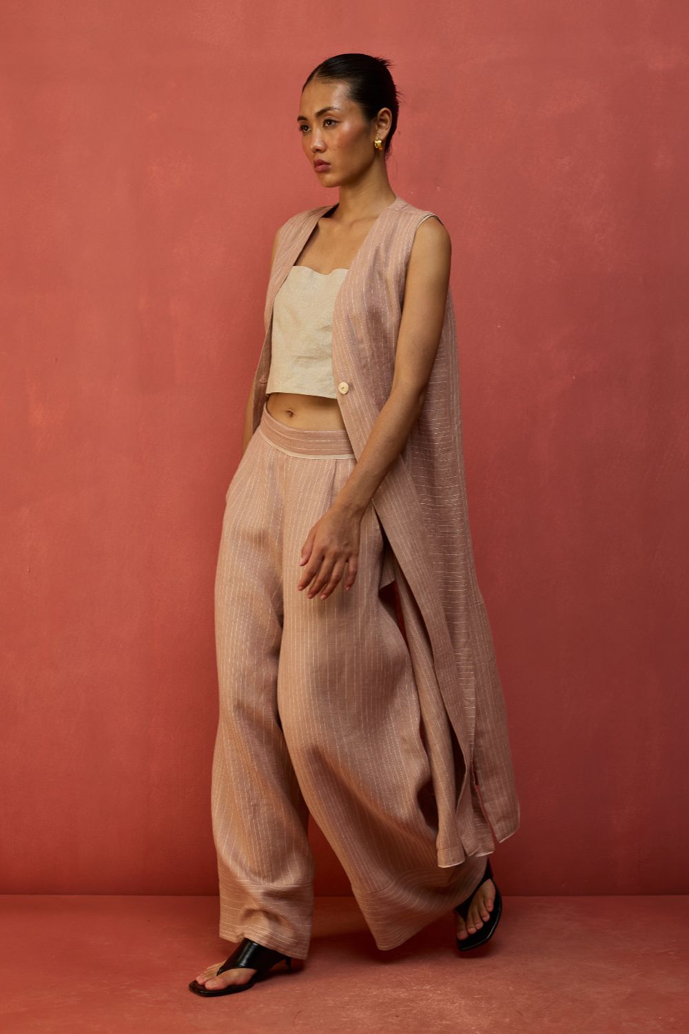 Misato Strip Linen Overlay - Dusty Rose