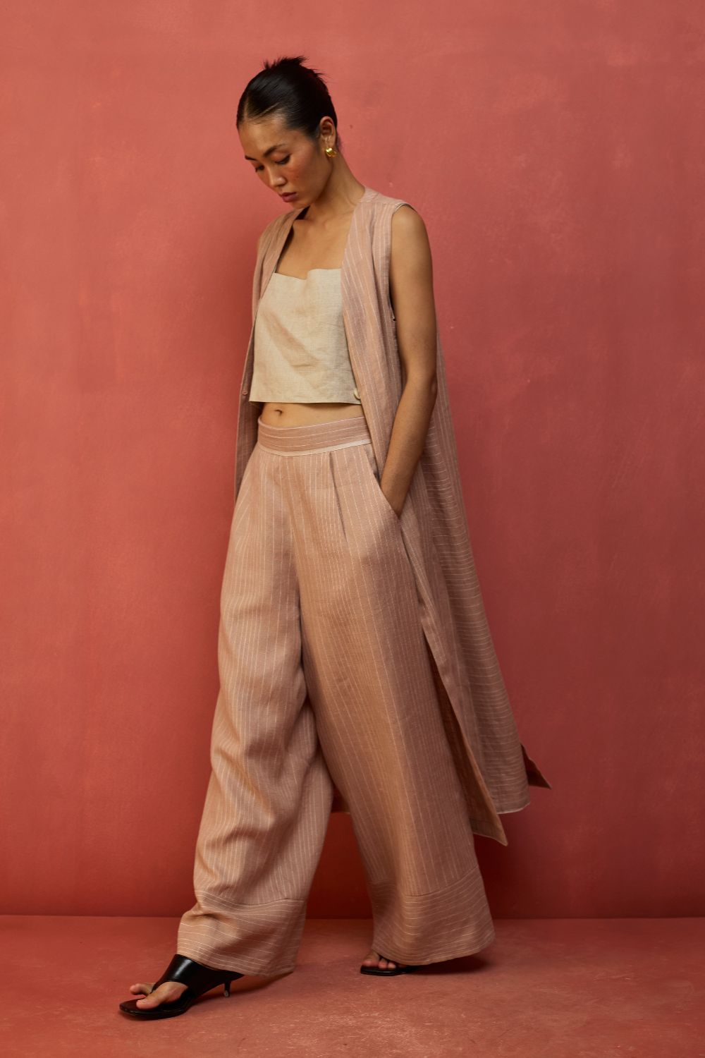 Misato Strip Linen Overlay - Dusty Rose