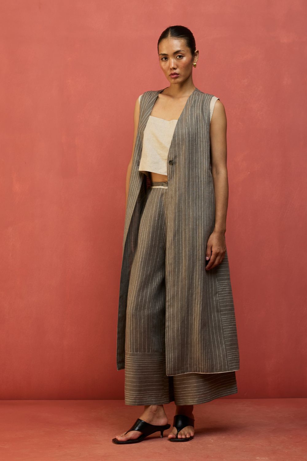 Misato Strip Linen Overlay - Grey