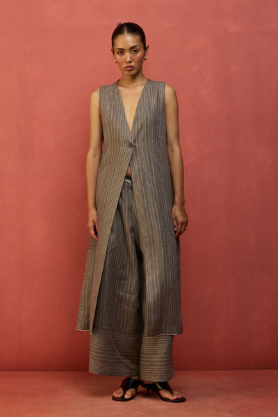 Misato Strip Linen Overlay - Grey