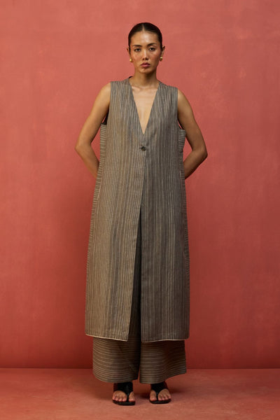 Misato Strip Linen Overlay - Grey