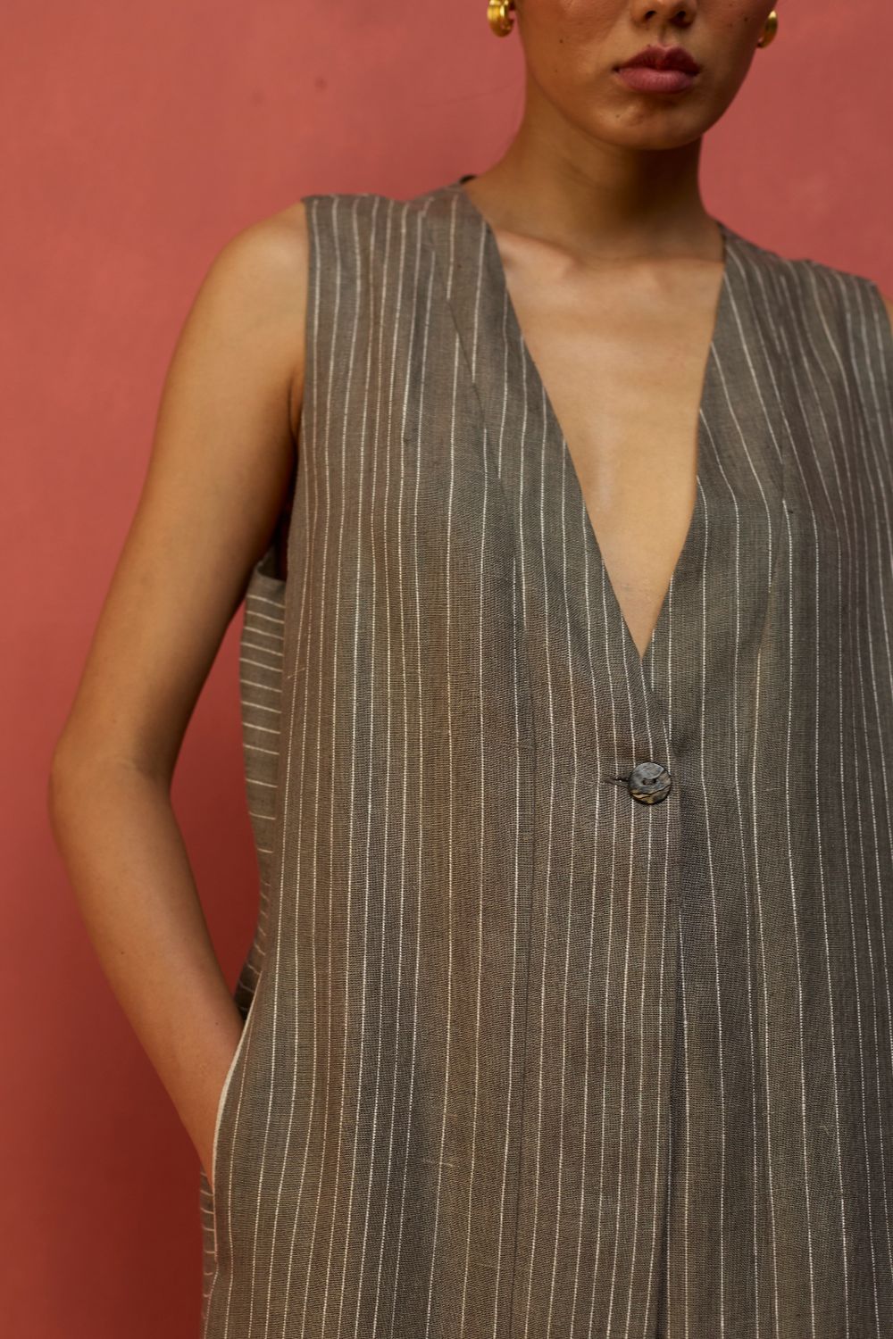 Misato Strip Linen Overlay - Grey