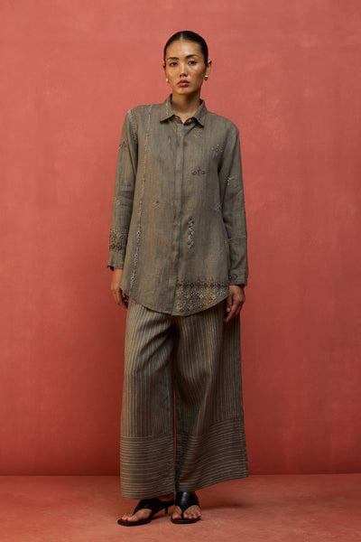 Kira Hand-Embroidered Linen Shirt - Grey