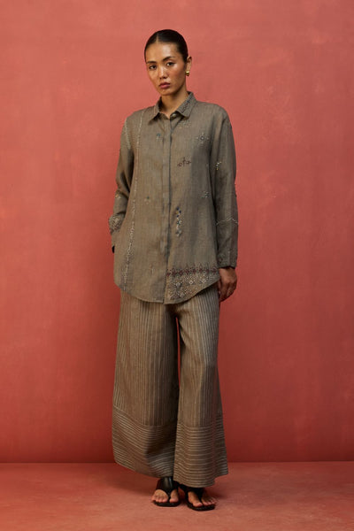 Kira Hand-Embroidered Linen Shirt - Grey