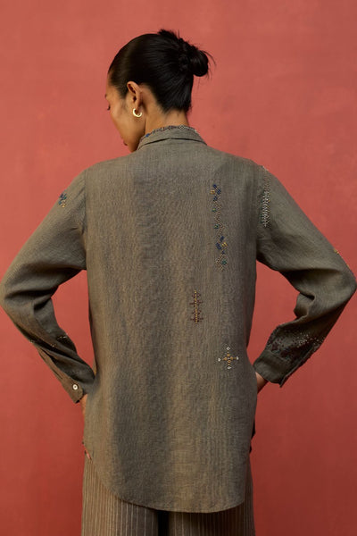 Kira Hand-Embroidered Linen Shirt - Grey