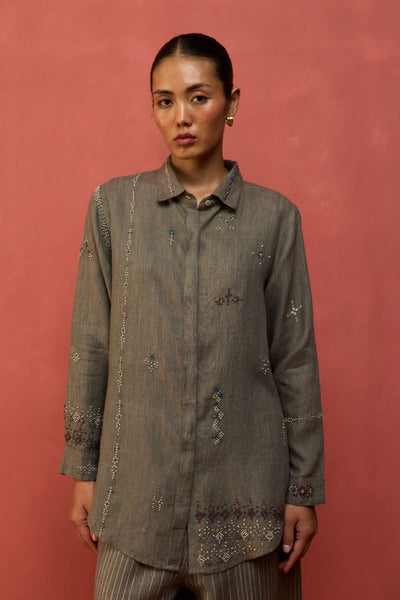 Kira Hand-Embroidered Linen Shirt - Grey