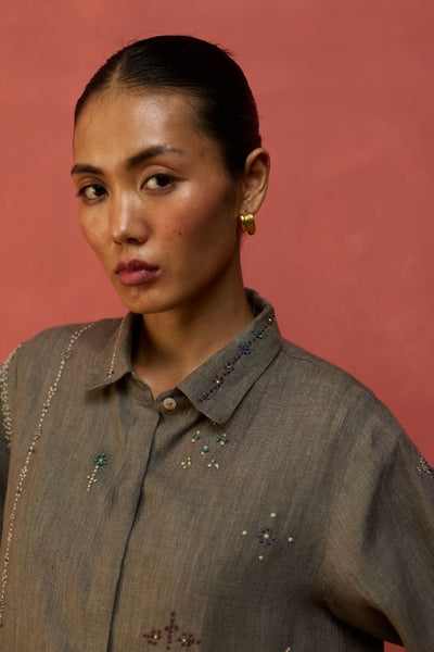 Kira Hand-Embroidered Linen Shirt - Grey