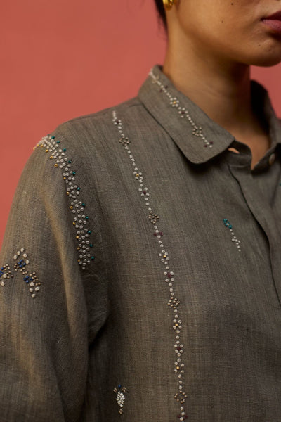 Kira Hand-Embroidered Linen Shirt - Grey