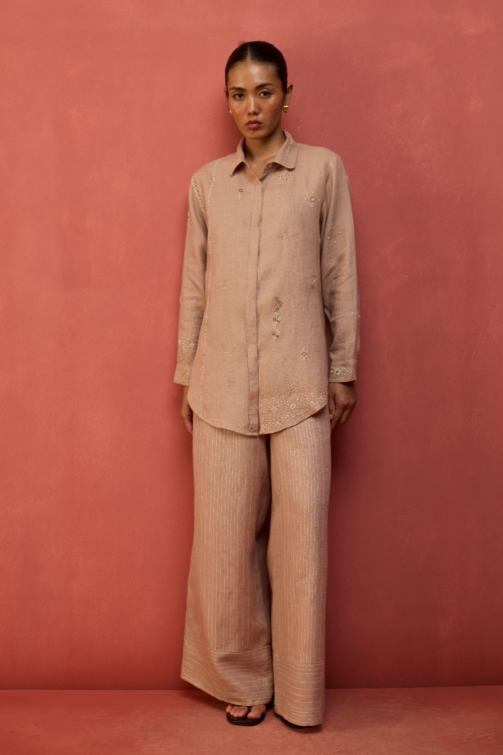Kiera Cuban Collar Stripe Linen Shirt - Dusty Rose
