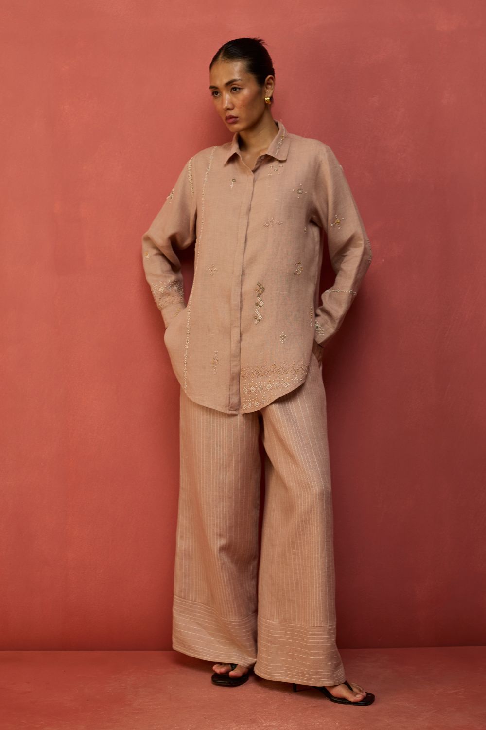 Kiera Cuban Collar Stripe Linen Shirt - Dusty Rose