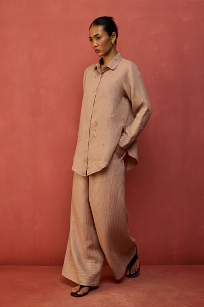 Kiera Cuban Collar Stripe Linen Shirt - Dusty Rose