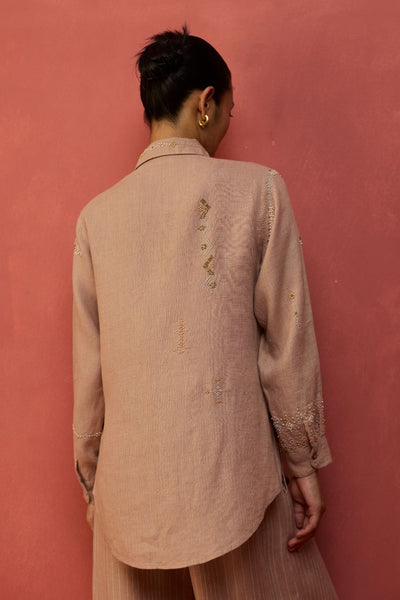 Kiera Cuban Collar Stripe Linen Shirt - Dusty Rose