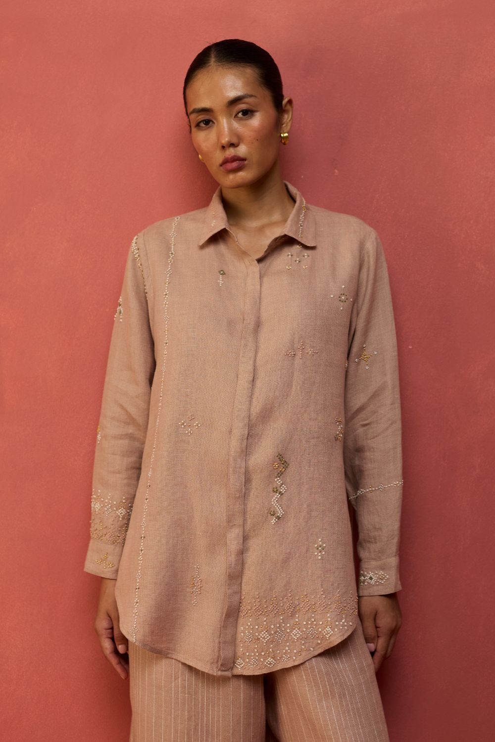 Kiera Cuban Collar Stripe Linen Shirt - Dusty Rose