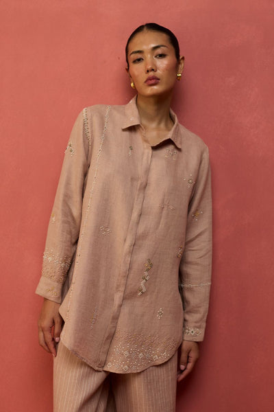 Kira Hand-Embroidered Linen Shirt - Dusty Rose