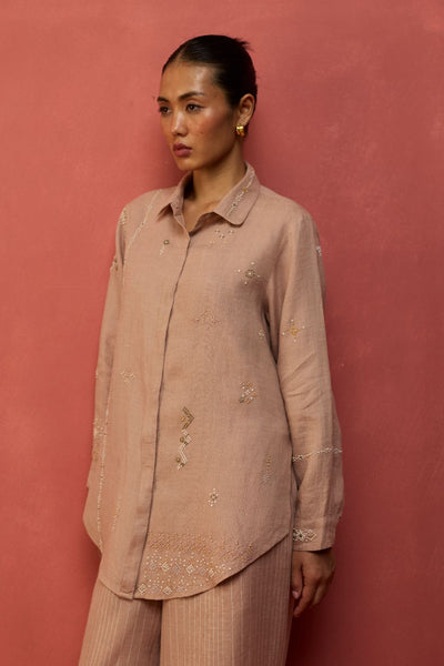 Kiera Cuban Collar Stripe Linen Shirt - Dusty Rose