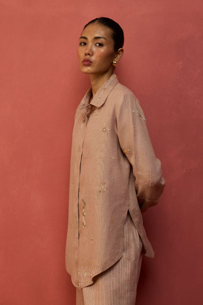 Kiera Cuban Collar Stripe Linen Shirt - Dusty Rose