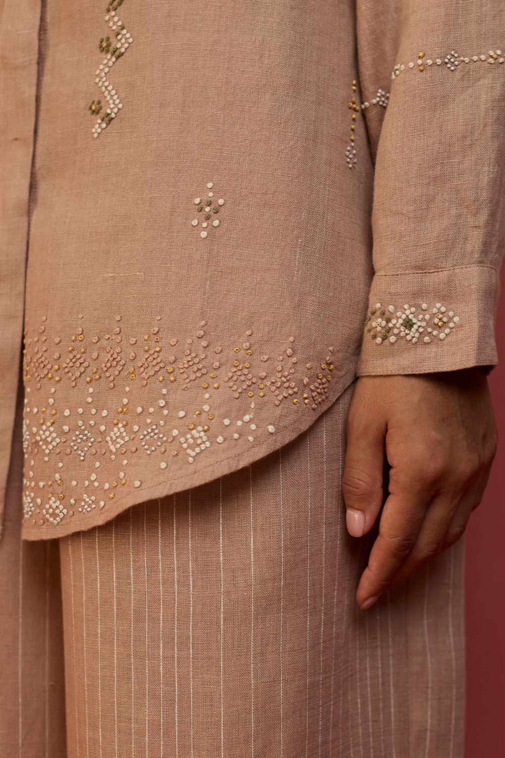 Kiera Cuban Collar Stripe Linen Shirt - Dusty Rose