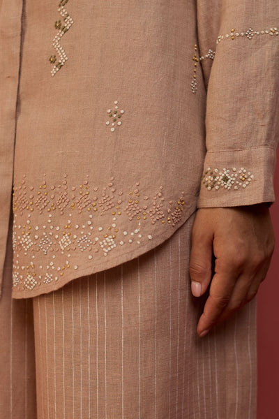 Kiera Cuban Collar Stripe Linen Shirt - Dusty Rose