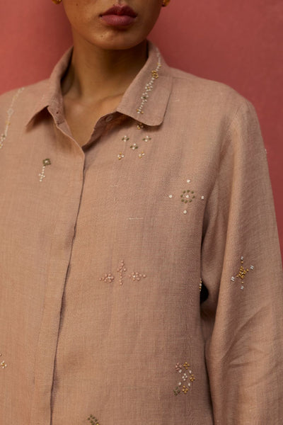 Kiera Cuban Collar Stripe Linen Shirt - Dusty Rose