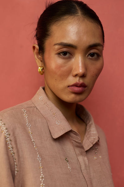 Kiera Cuban Collar Stripe Linen Shirt - Dusty Rose
