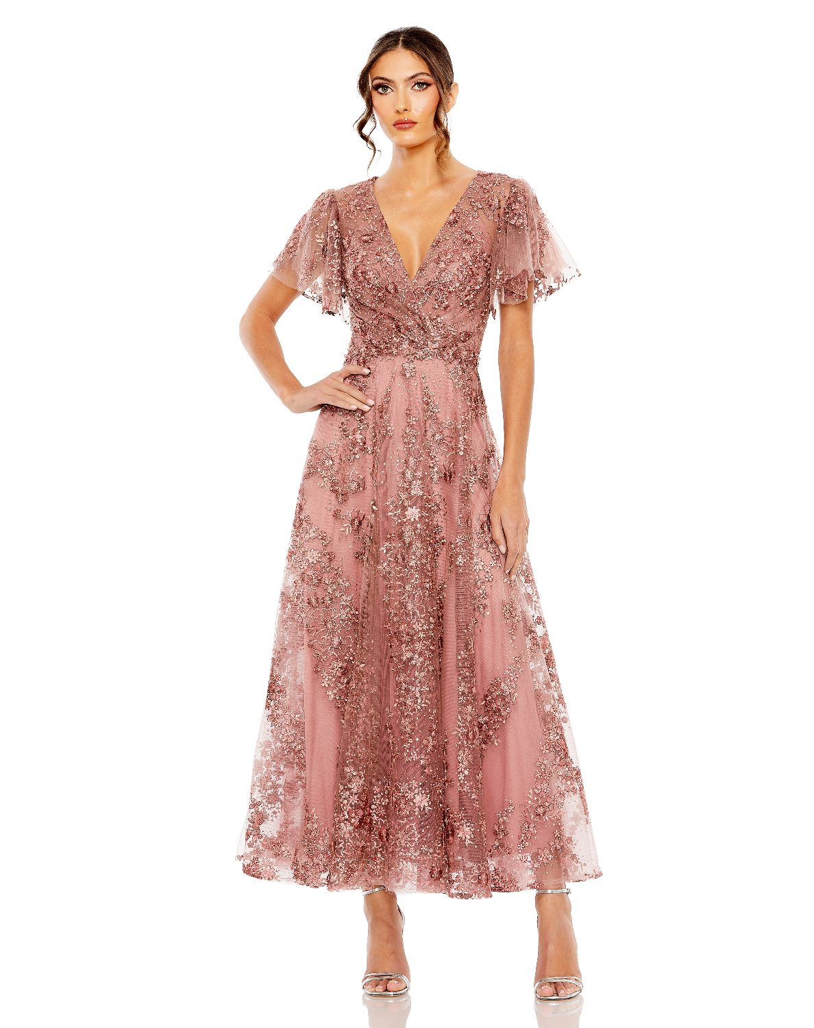 20486-Pink Embroidered Flutter Sleeve A-Line Dress