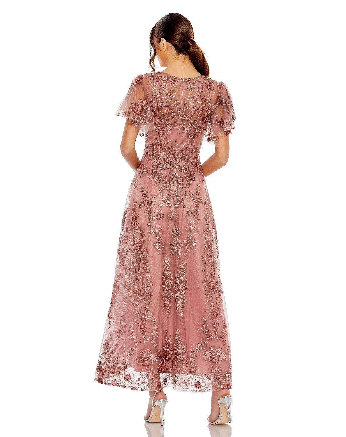 20486-Pink Embroidered Flutter Sleeve A-Line Dress