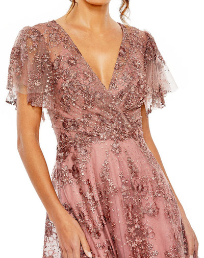 20486-Pink Embroidered Flutter Sleeve A-Line Dress