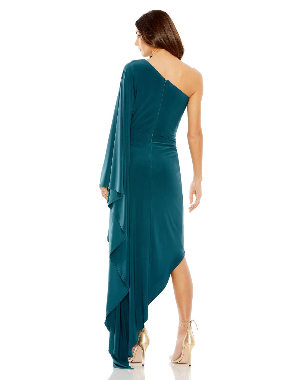20673-One Shoulder Cape Sleeve Ruched Detail Jersey Gown