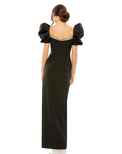 20687-Puff Sleeve Beaded Sweetheart Neck High Slit Gown