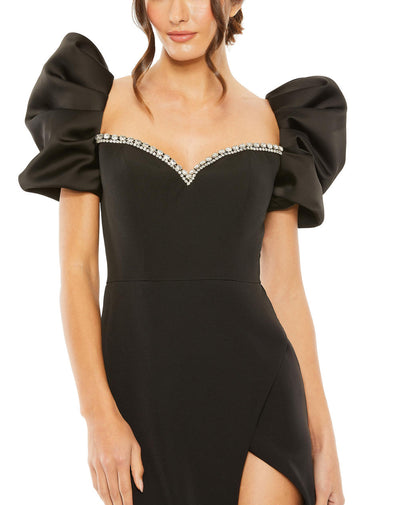 20687-Puff Sleeve Beaded Sweetheart Neck High Slit Gown