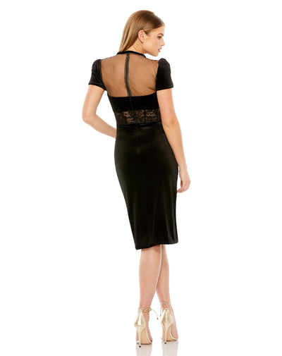 20742-Short Sleeve Sheer Top Lace Bustier Dress