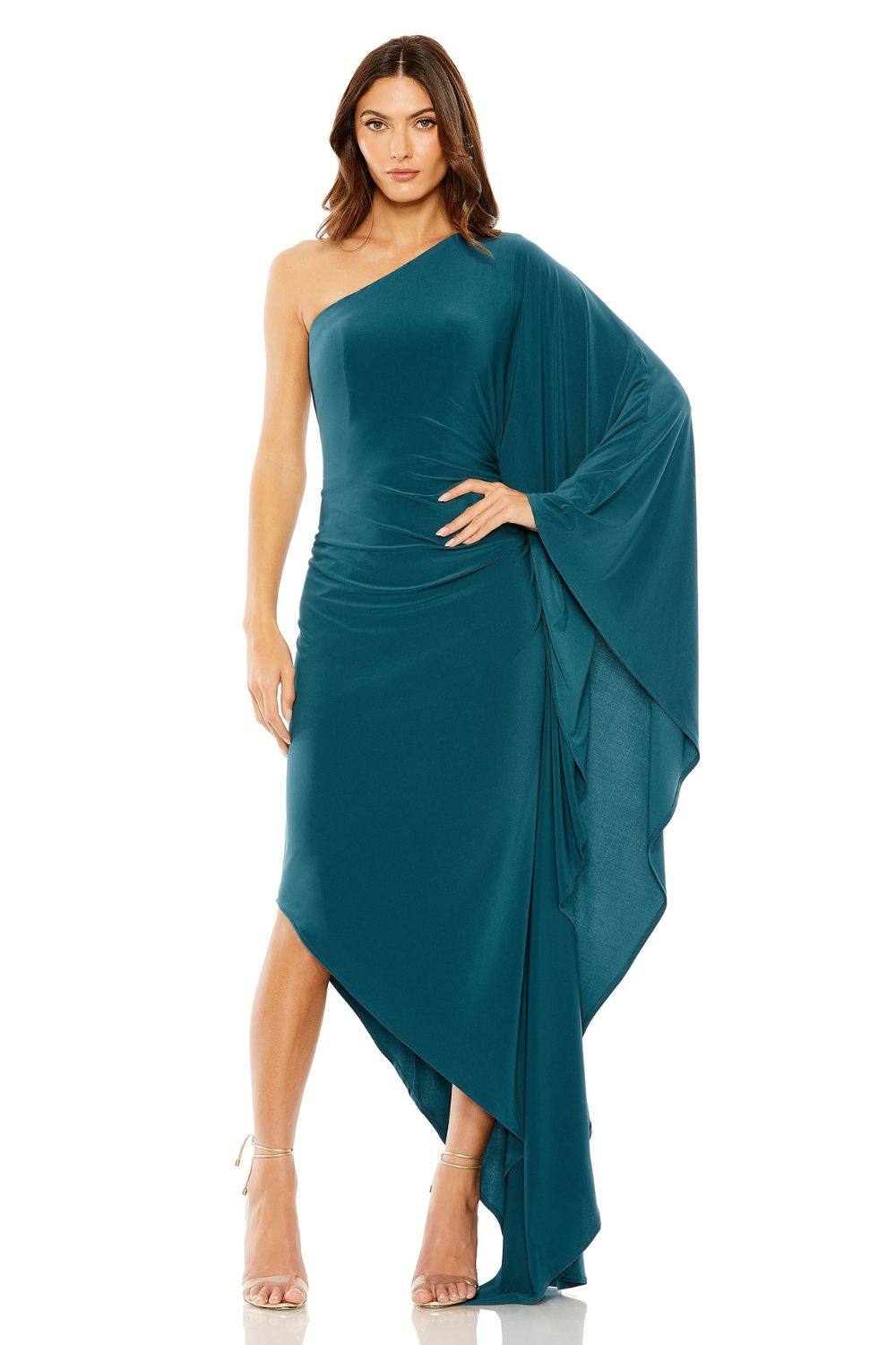 20673-One Shoulder Cape Sleeve Ruched Detail Jersey Gown