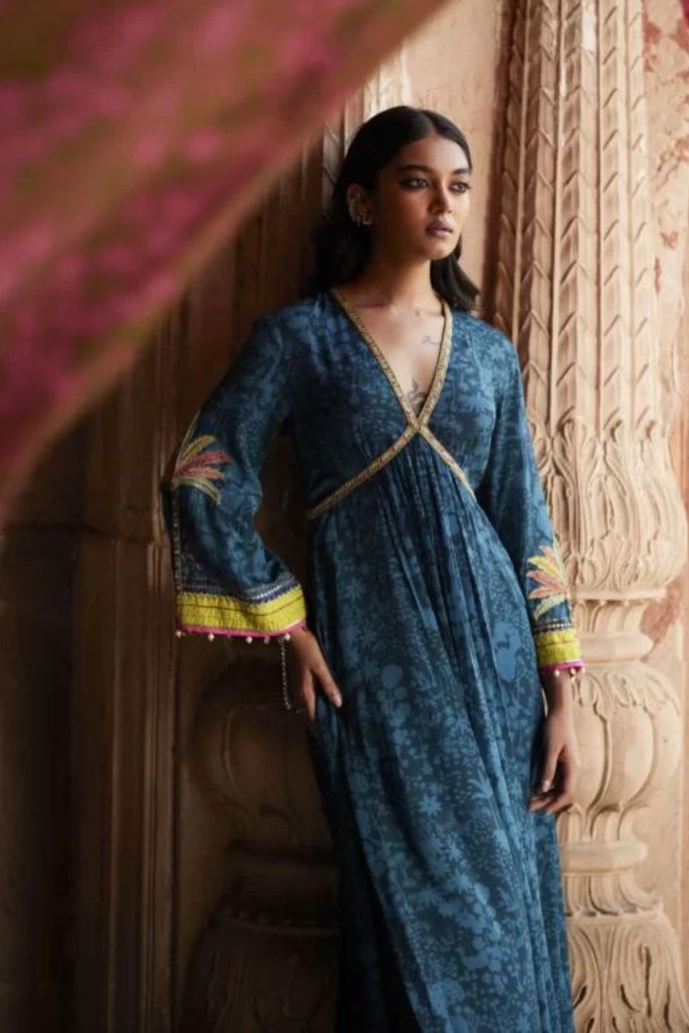 Nadira Teal Tree Bell Sleeve Kurta Set