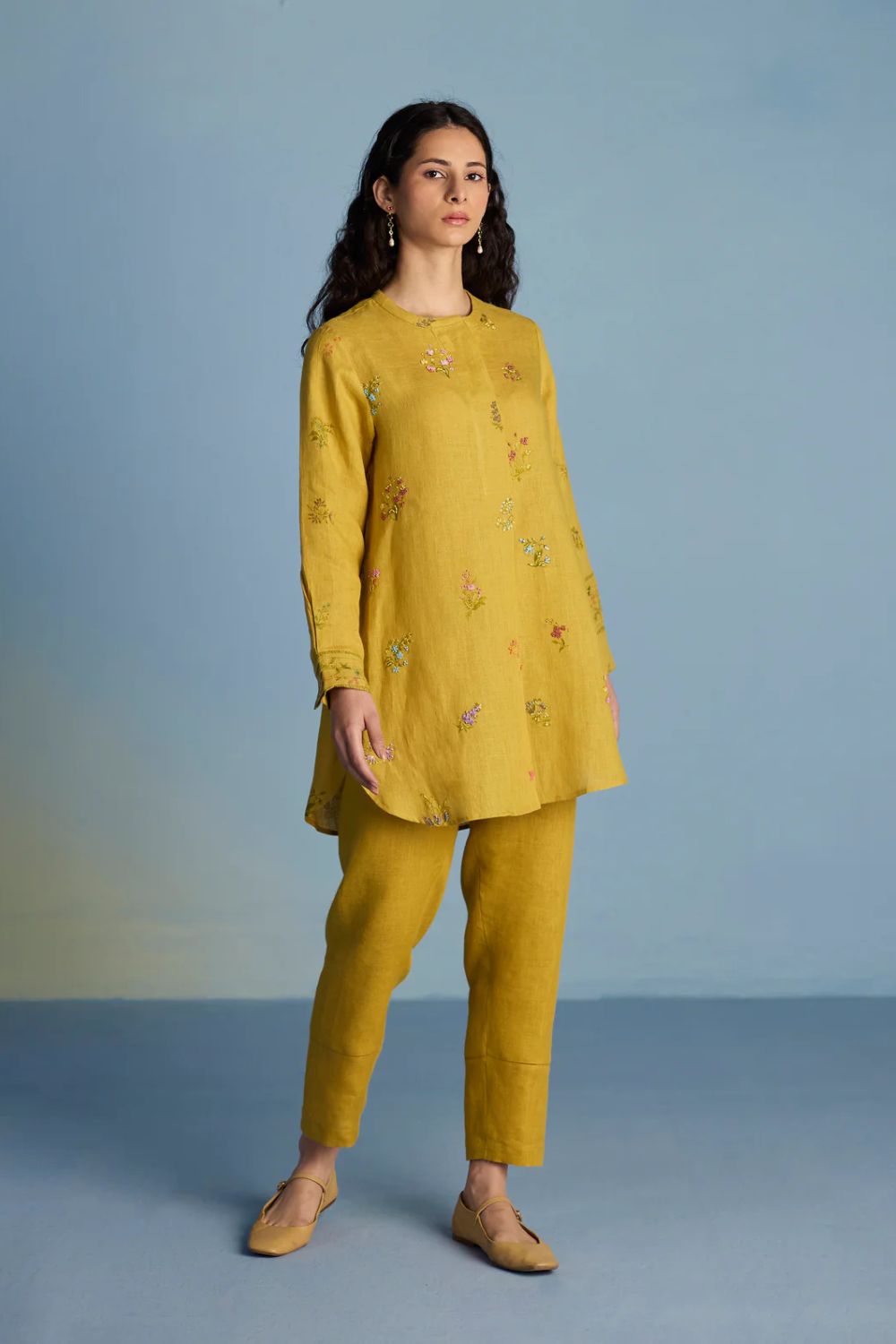 Anya Hand-Embroidered Floral Linen Co-ord Set - Ochre
