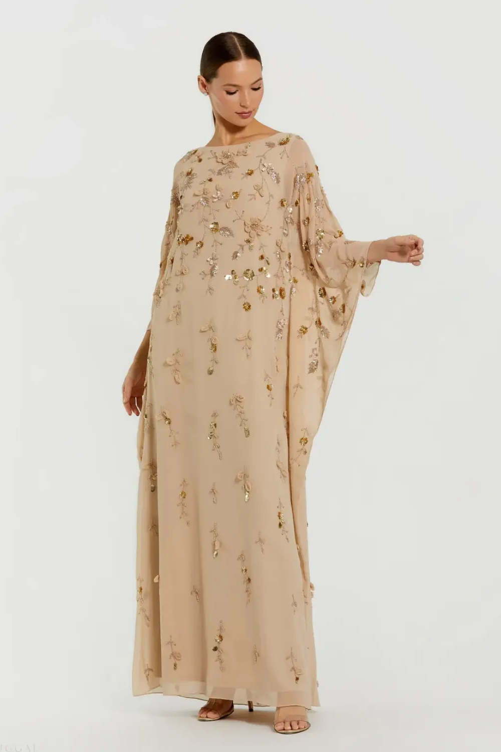 Beige Floral Embellished Kaftan Gown