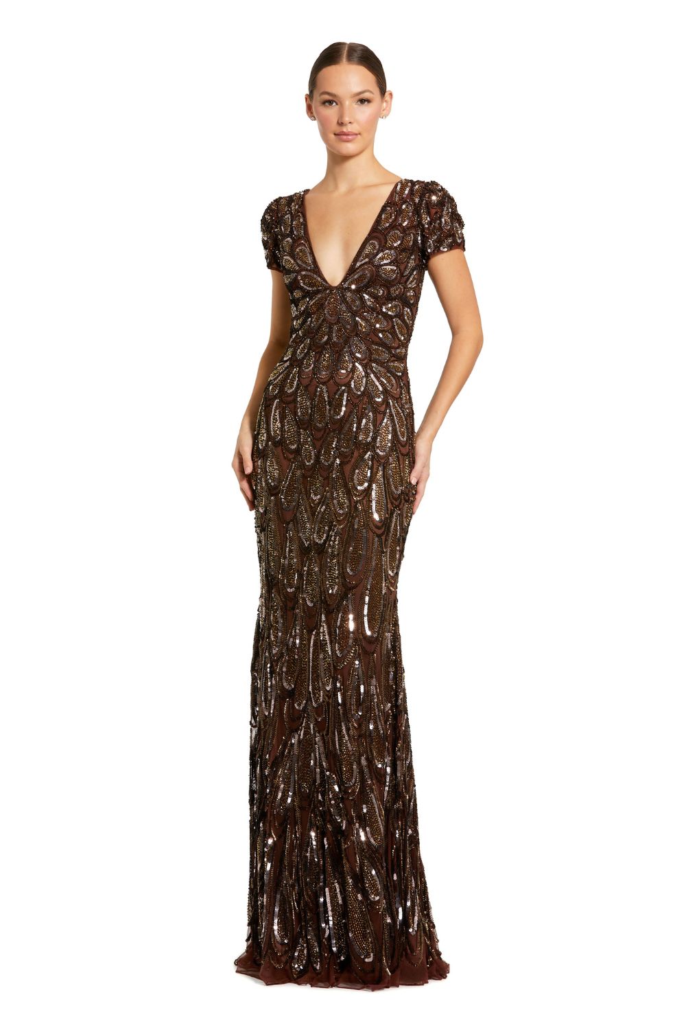 5243-Brown Beaded Embellished V Neck Cap Sleeve Column Gown